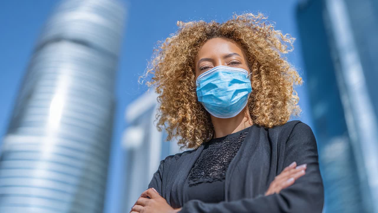 Confident Woman Wearing Mask in Urban Setting: A Portrait of Resilience and Strength Amidst Modern Architecture Under a Clear Sky