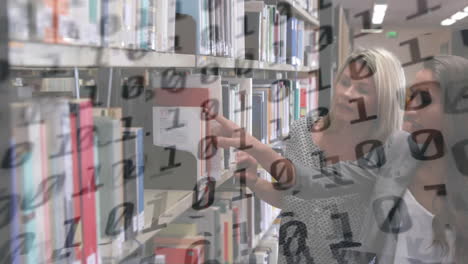 binary code animation over people browsing books in school library