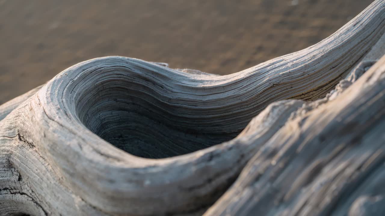 Panning camera revealing weathered driftwood log on sandy beach, highlighting hollow layered grain