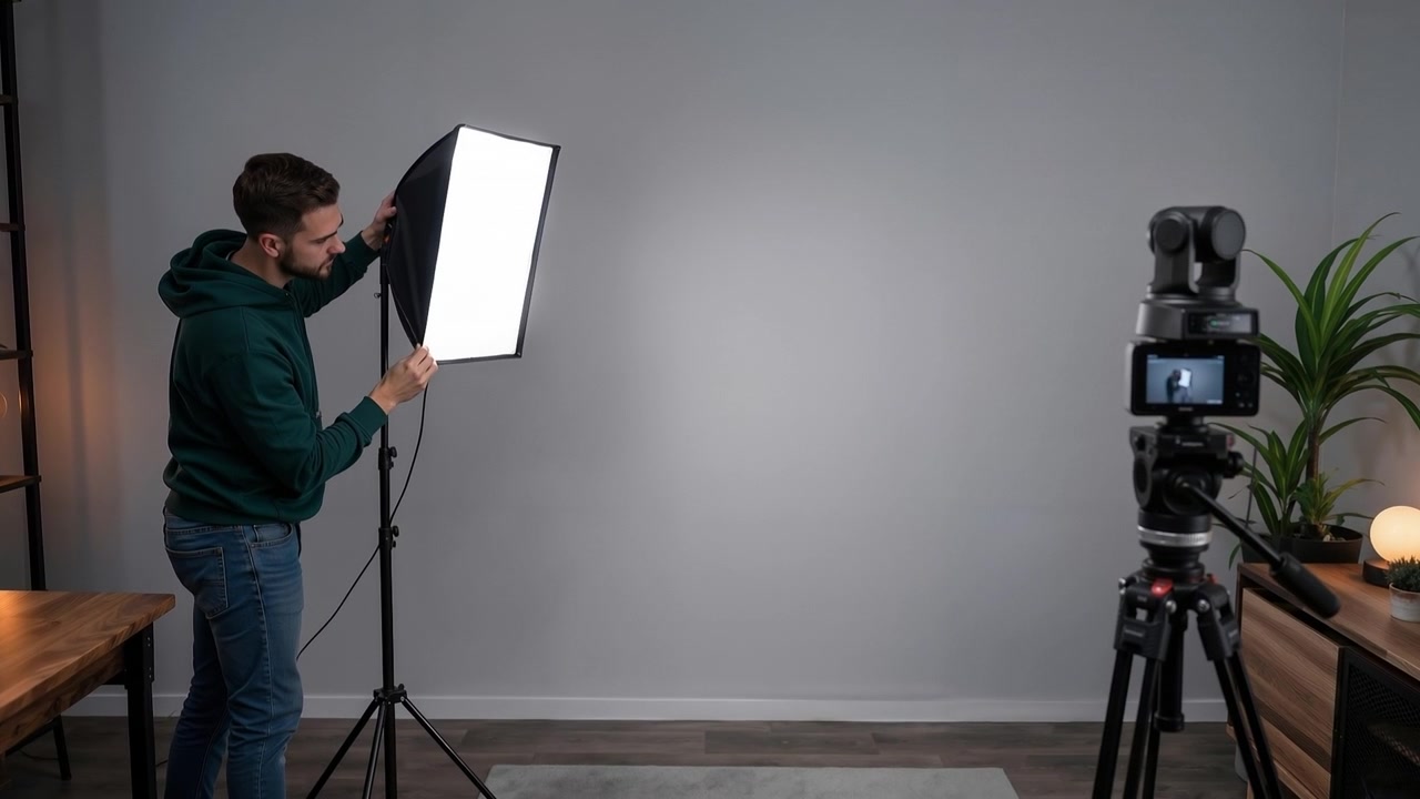 Video Creator Adjusting Professional Softbox Studio Light on Stand in Home Studio