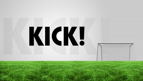 animación del texto de la patada sobre el campo de fútbol