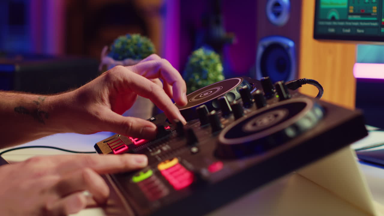 artista editando sonidos en la consola de mezcla en el estudio casero