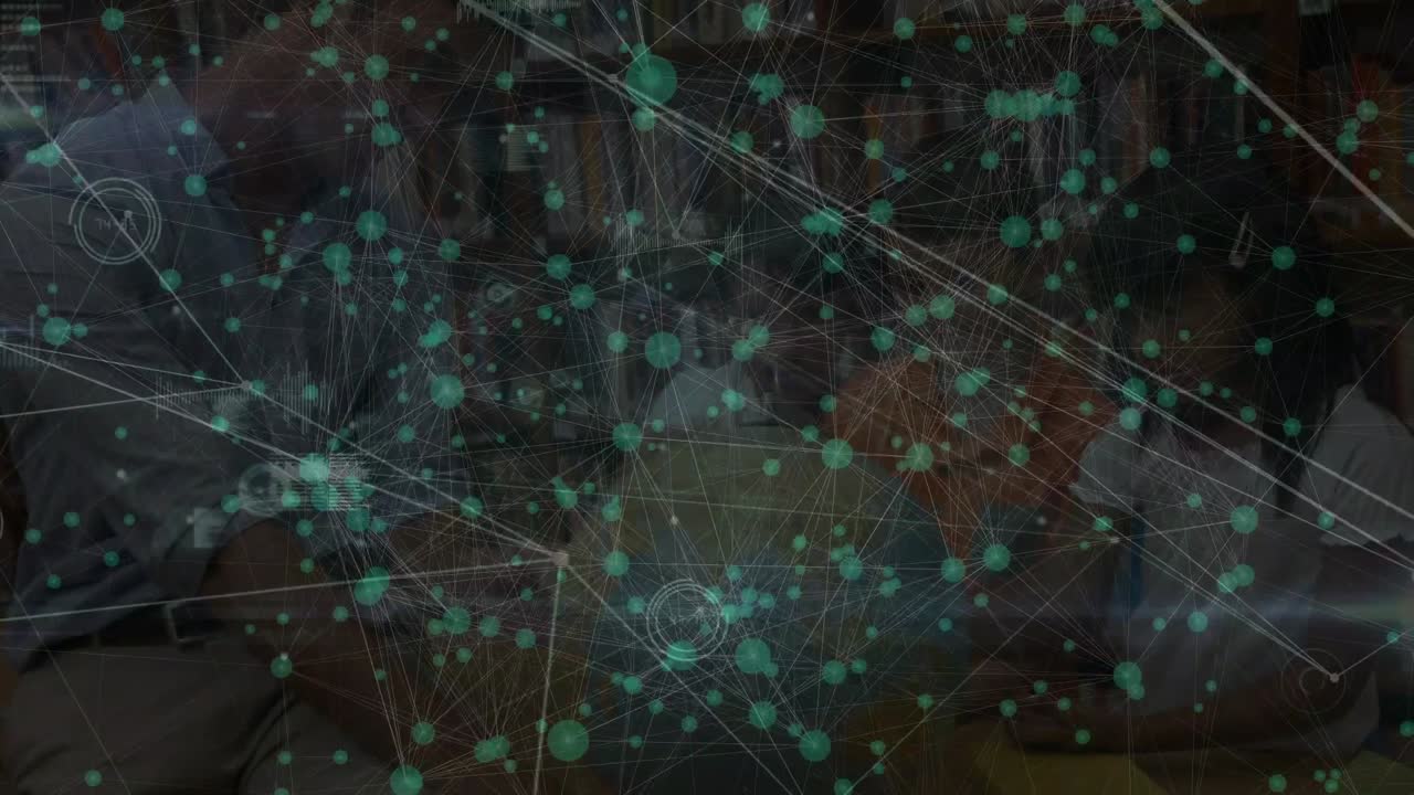 Animation of network of connection with data processing over diverse pupils in classroom