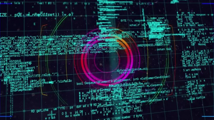 Animation af digital skærm med diverse data, sekskanter, cirkler og farverig glitch