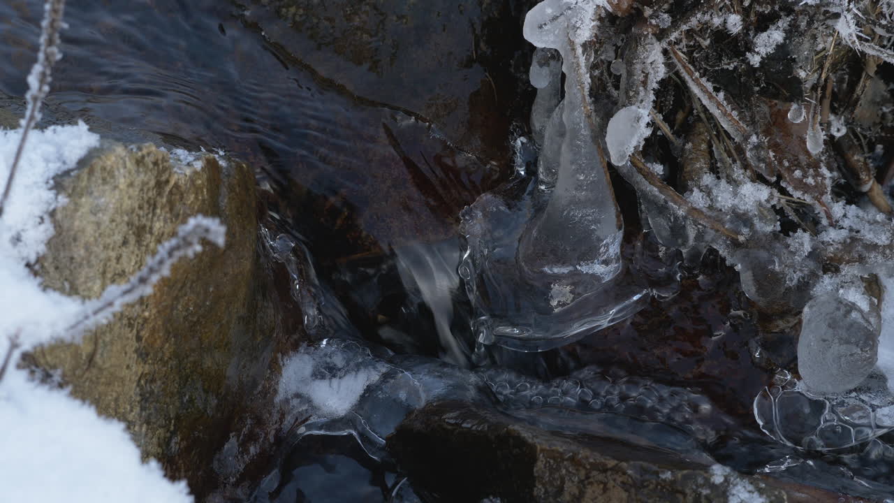 A Small Stream Flowing Among The Rocks In Winter, Partly Covered In Ice