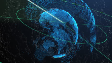 animation of moving line in circles over connected dots around globes against abstract background