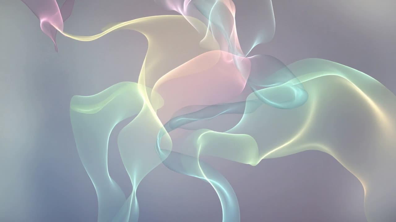 Playback starting, translucent pastel ribbons undulating outward in gradient, forming luminous core