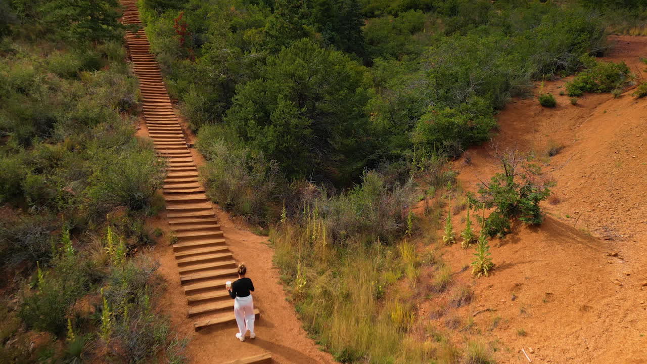 Flagstaff, USA, 24 agosto 2025: persone salgono e scendono le scale fino alla cima della montagna. Escursionismo nel famoso Manitou Springs Incline in Colorado, USA. Vista aerea