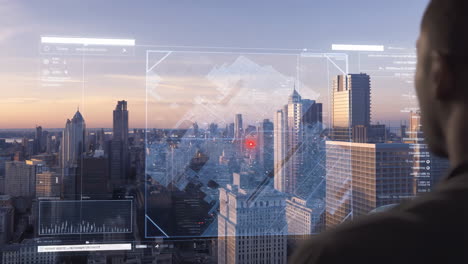 man overseeing a futuristic cityscape with augmented reality data interface