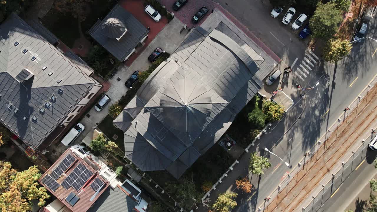 Drone-focused shot of a church in Bucharest, capturing architectural and decorative details from above, an eagle-eye view