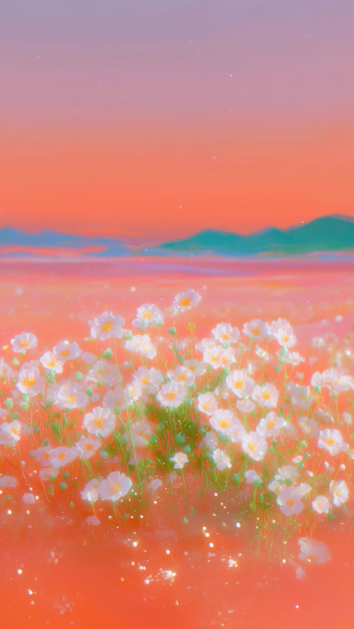 White Flowers Blooming in a Vibrant Sunset Field