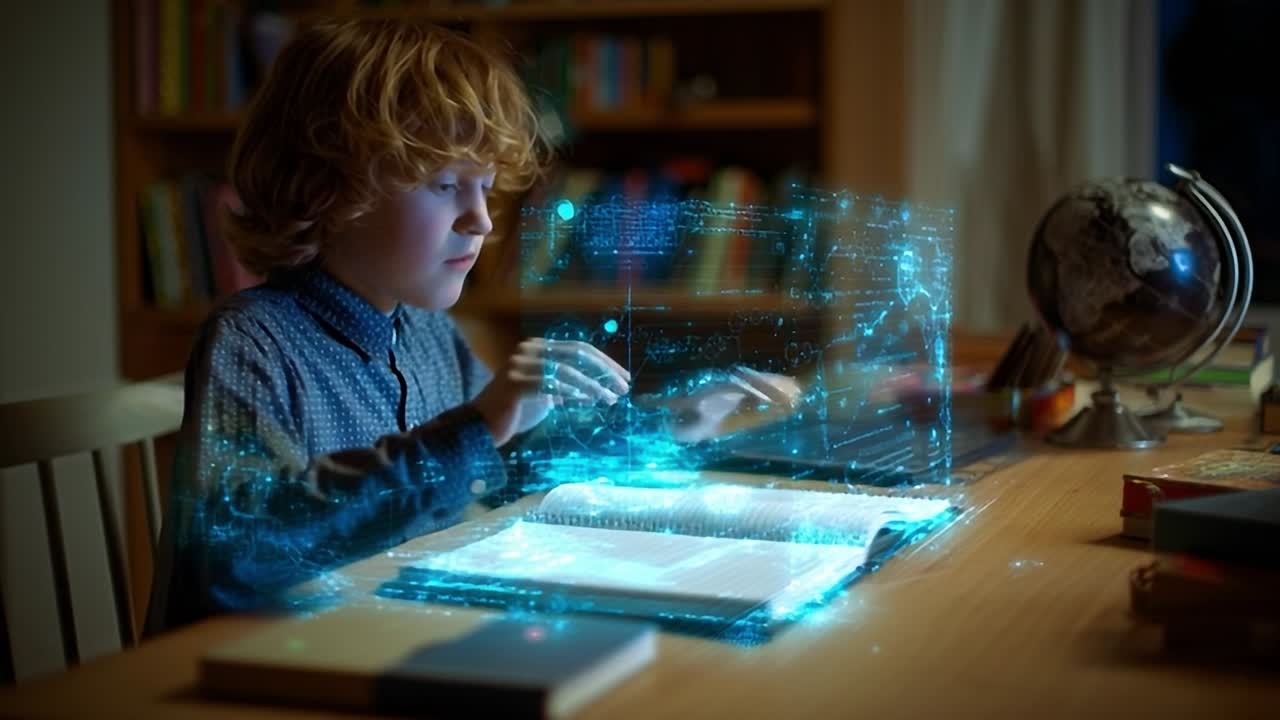 Young boy explores digital world while reading at a desk in evening