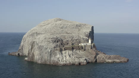 una vista aérea que rodea la roca de bajo y el faro mientras las aves marinas de alcatraces rodean su colonia isleña en un día soleado, east lothian, escocia