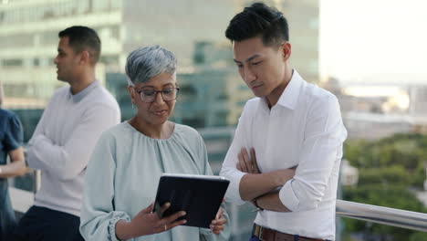 rooftop, business people and tablet planning