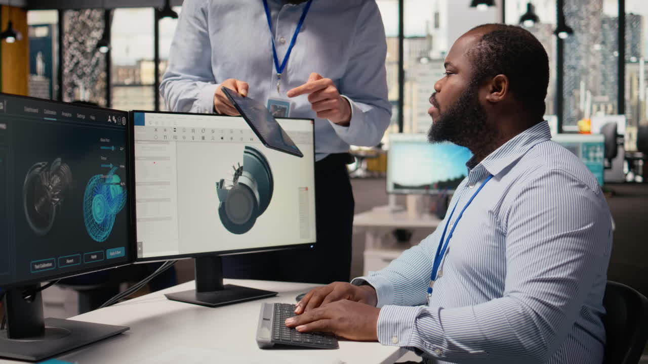 Manager Overseeing Engineer Using Cad App To Optimize Wind Turbine Design