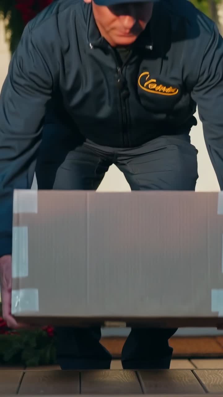 Vertical video: Delivery worker arriving at porch placing taped box on deck by door for delivery