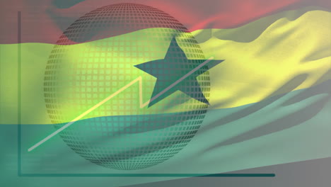 ondear la bandera de ghana contra el globo giratorio y el procesamiento de datos estadísticos