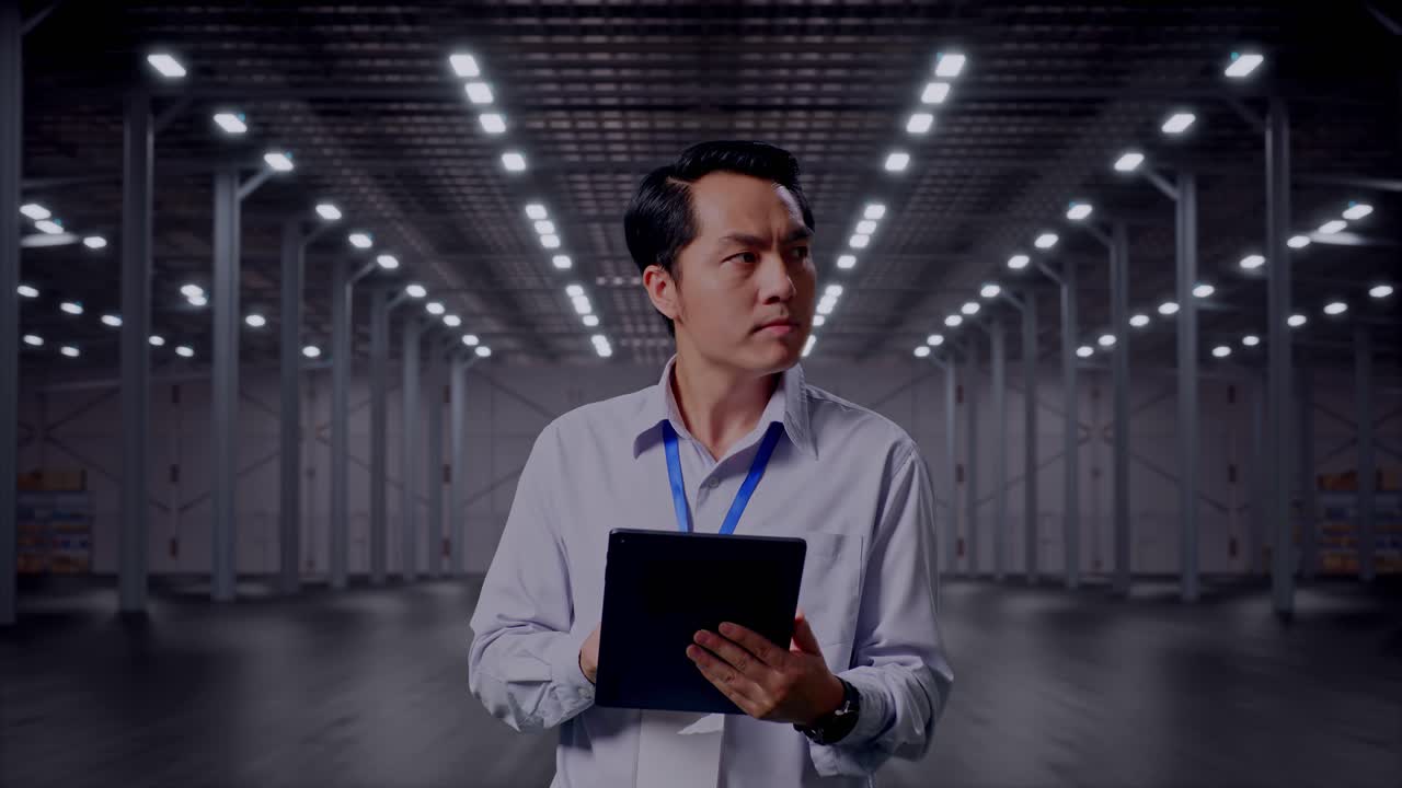 Asian Male Professional Worker Standing With His Tablet in Empty Modern Warehouse, He Observes By Looking Around Before He Come To Concentrating With His Tablet