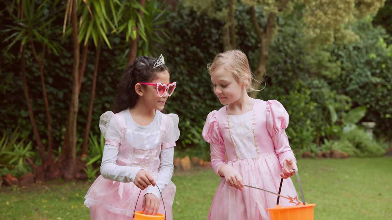 Children in Princess Costumes Trick-or-Treating with Family
