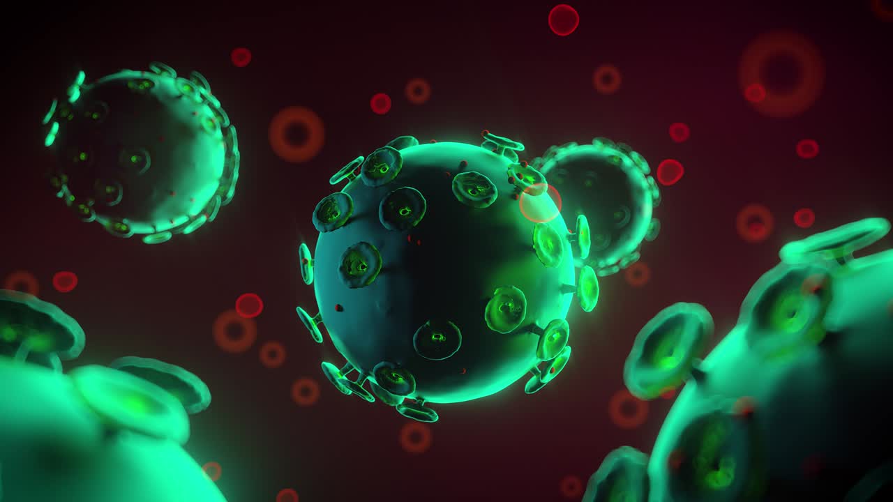 Coronavirus cells in human blood concept 3d footage. Virus under microscope
