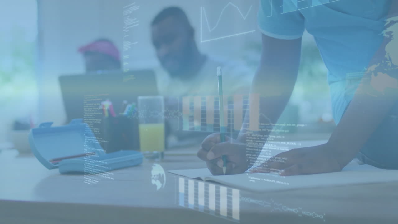 Writing on paper, person with pencil over financial data processing animation