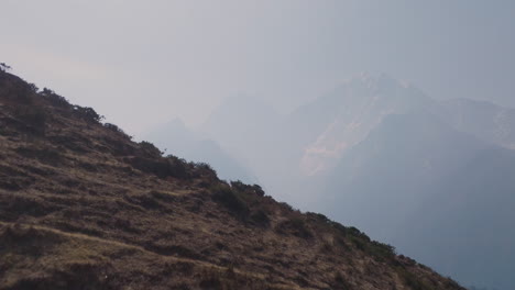 aerial view of phortse to dingboche trek, everest region nepal; layered mountains hidden in clouds, unclear weather signals global warming tourism conservation