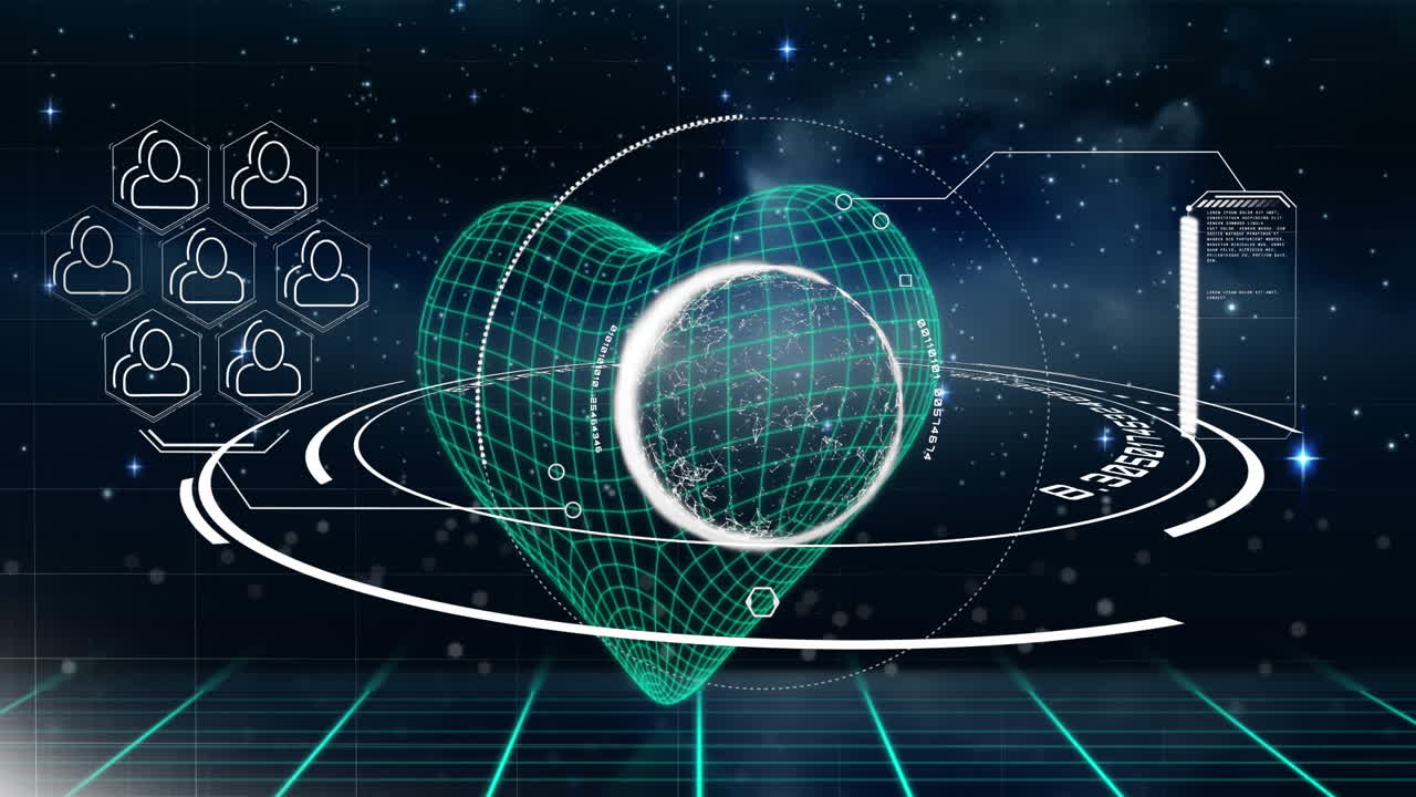 검은 바탕에 심장을 가진 데이터 처리 및 모양의 애니메이션