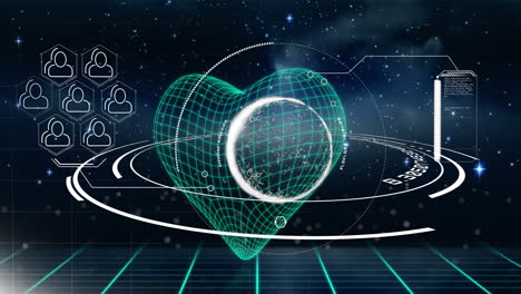 Animation of data processing and shapes with heart on black background