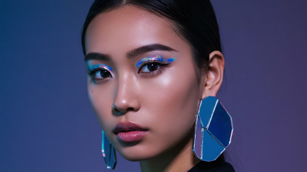 Stunning Portrait of a Fashion-Forward Model Showcasing Vibrant Makeup with Striking Geometric Earrings Against a Subtle Gradient Background