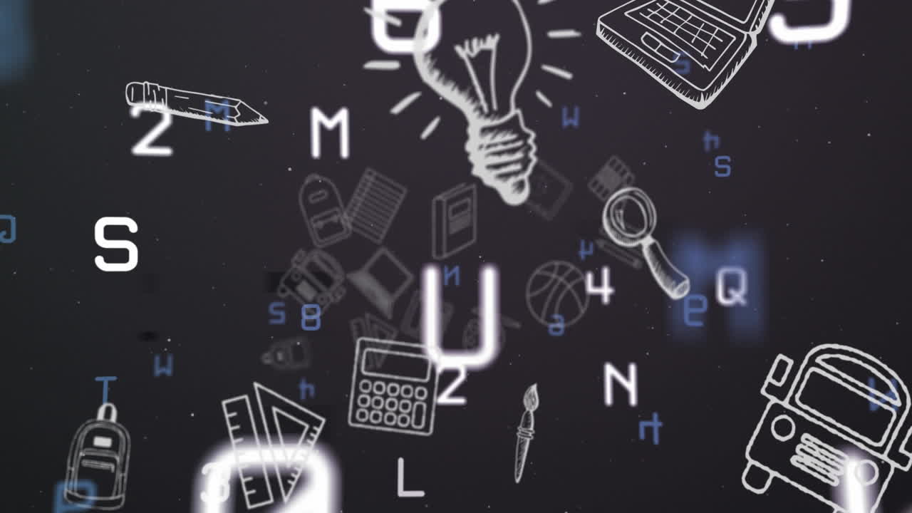 Animated school icons and letters float on a black background, symbolizing education.