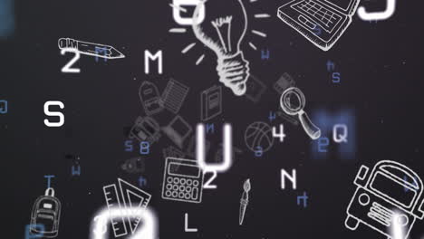 animated school icons and letters float on a black background, symbolizing education.