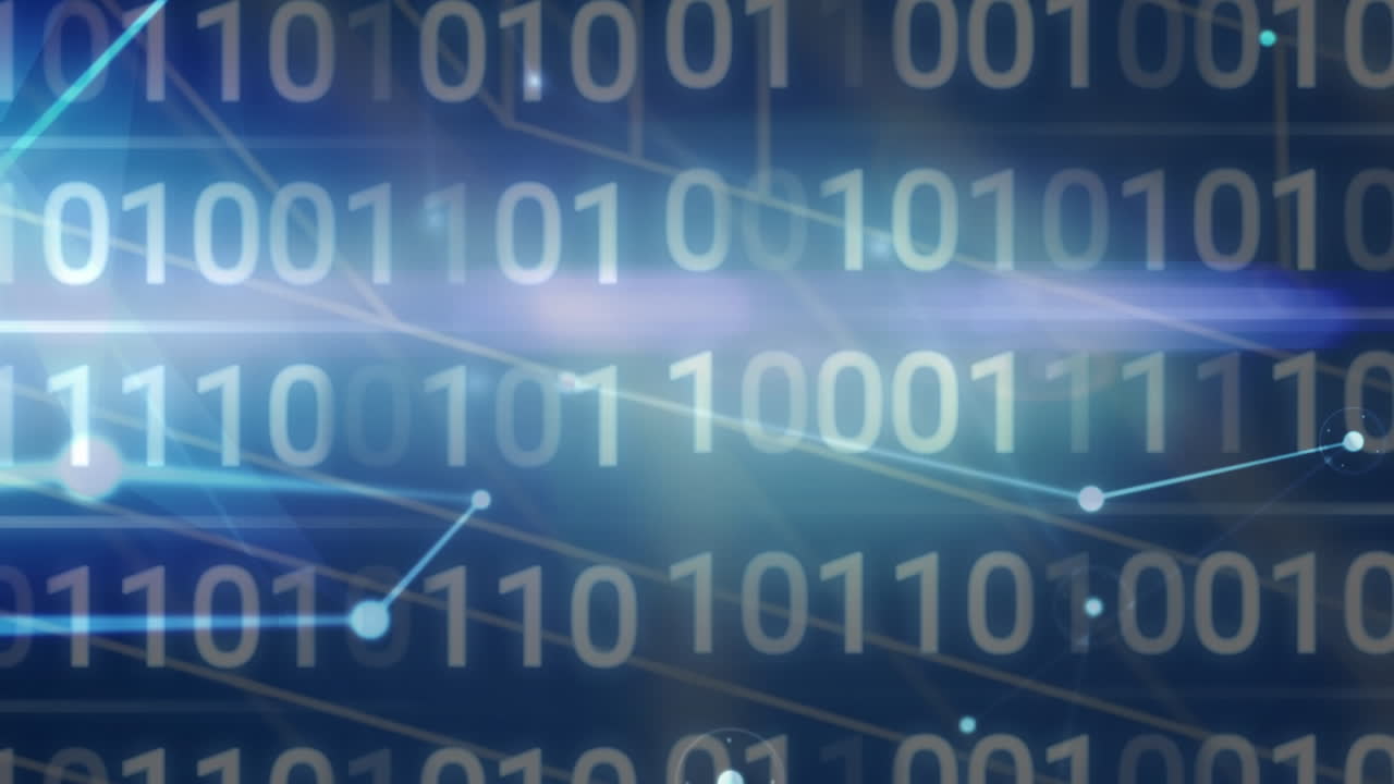 Animation of networks of connections and data processing over blue background