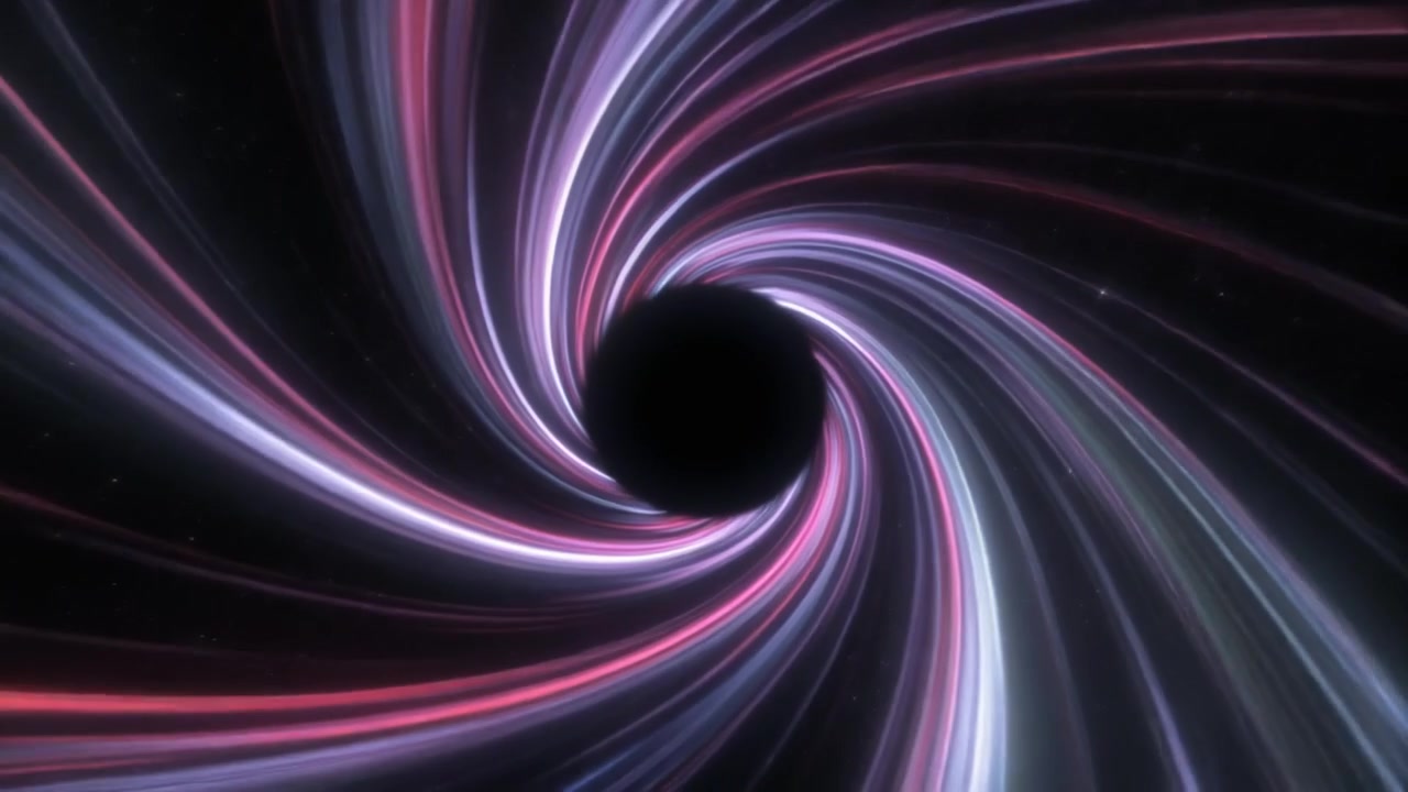 Animazione astratta di scie luminose che vorticano in un buco nero