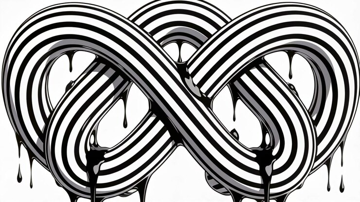Dripping striped infinity knot forming black liquid drops and streaks as frames pass on white