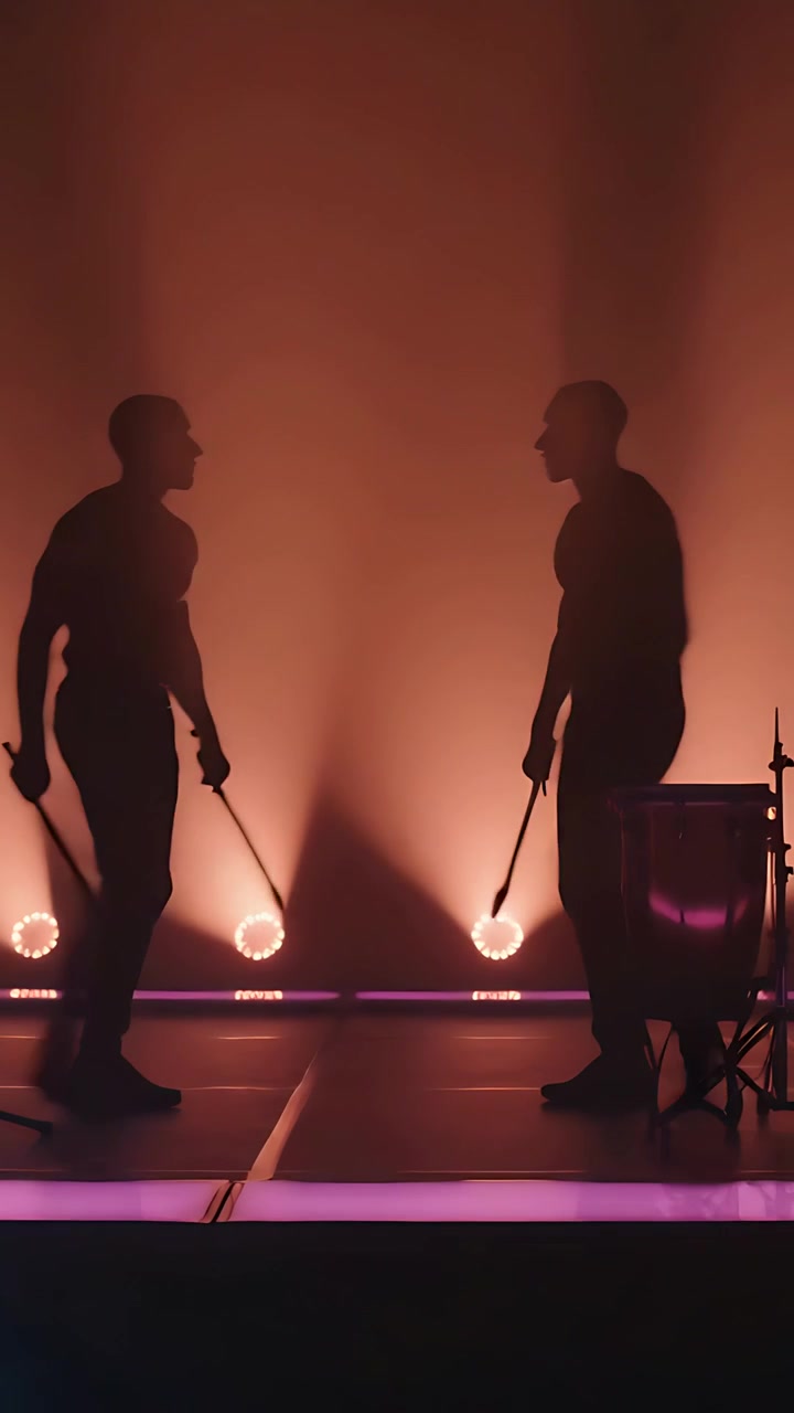 Video verticale: Batteristi in abiti scuri che fanno il loro ingresso sul palco rispondendo a un segnale luminoso, preparando la batteria.