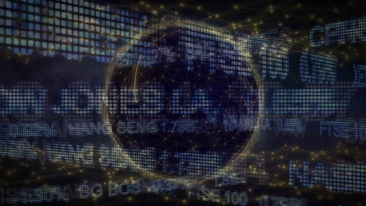 Dark globe appearing, globe rotating with golden arcs sweeping, nodes pulsing visualizing data flow