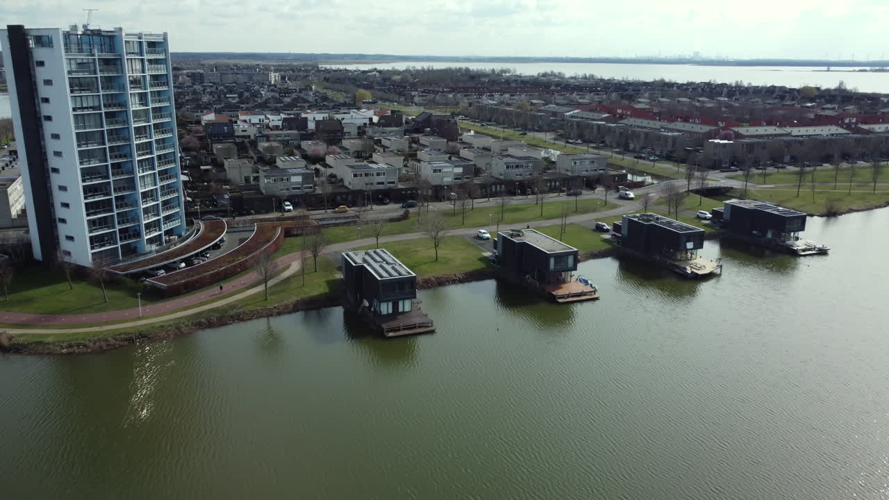 Aerial View of Modern European Waterfront Housing
