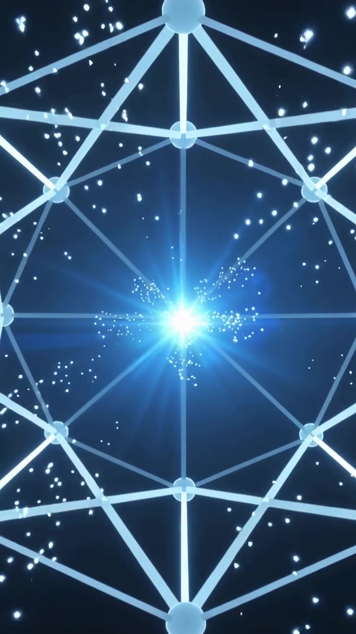 Video verticale: Bagliore che accende una stella blu inviando particelle, racchiudendo il nucleo con nodi e aste nello spazio