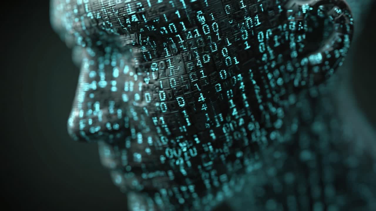 Close up of a futuristic android head with a skin made of glowing binary code, representing concepts of artificial intelligence, digital consciousness, and the information age