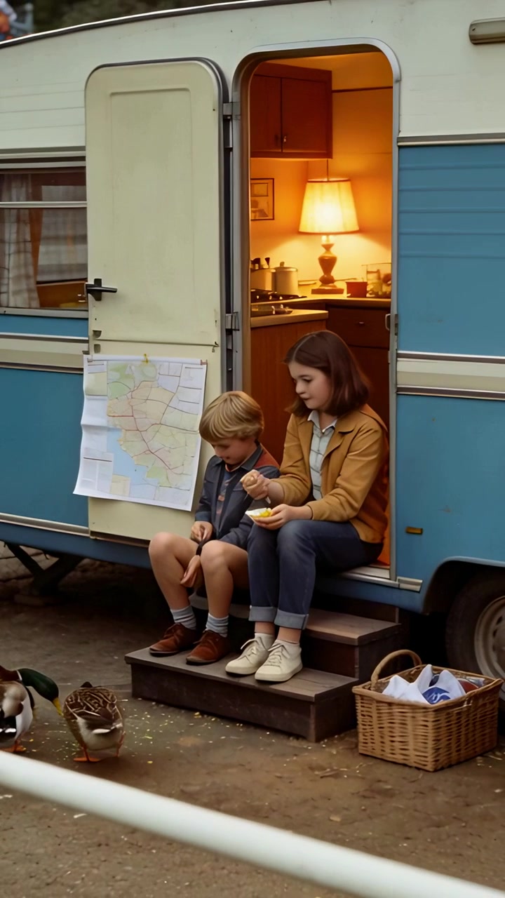 Video verticale: Due fratelli che danno da mangiare, una ragazza con un cappotto color cammello che nutre le anatre sui gradini di un camper, mappa.