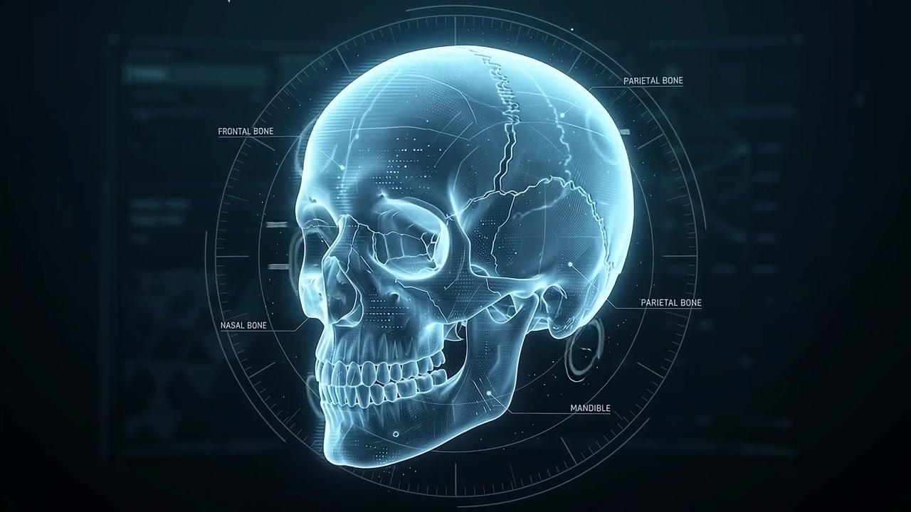 Scansione anatomica olografica digitale del cranio umano con interfaccia dati