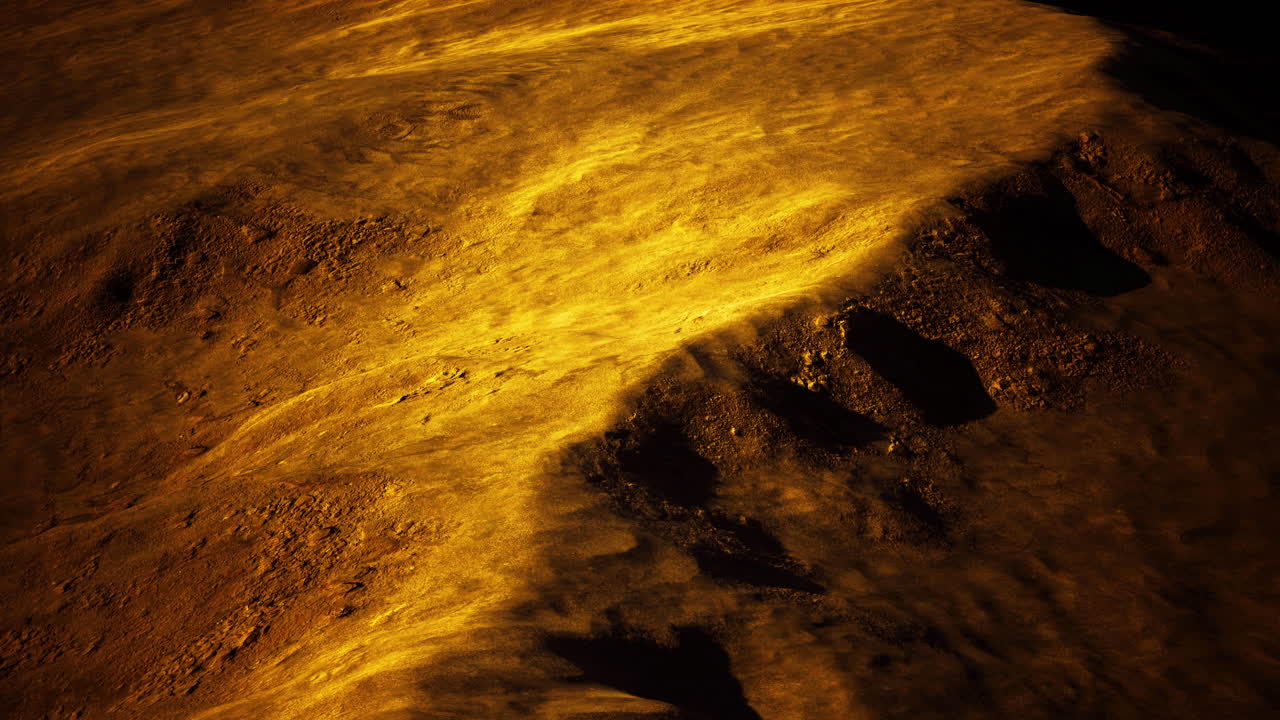 Golden waves ripple across an alien landscape beneath a dim atmosphere