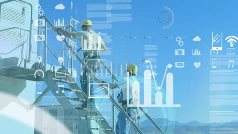climbing stairs, workers in safety gear with animation of digital data icons