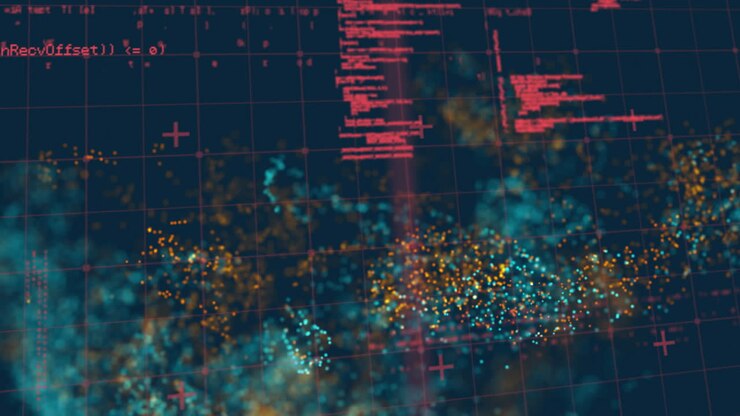 Animation of shapes with light spots over data processing on black background