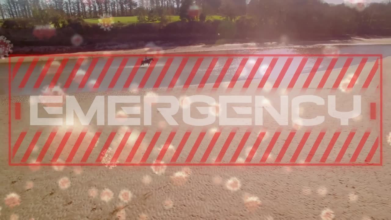 코로나19 세포가 움직이는 디지털 복합 비디오와 말을 타고 있는 남자에 대한 긴급 텍스트