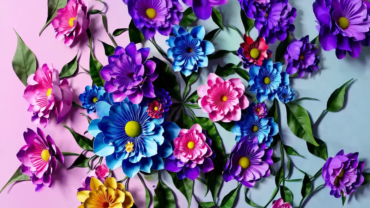 Video dall'alto che mostra vivaci fiori e foglie di carta su uno sfondo color pastello