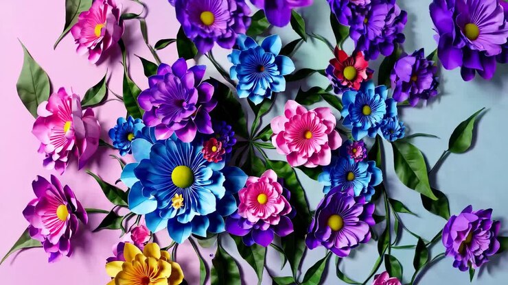 Video dall'alto che mostra vivaci fiori e foglie di carta su uno sfondo color pastello