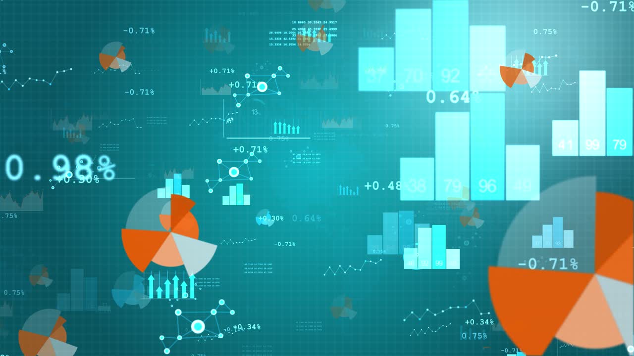 4k background of business data stock market visualization showing pie charts numbers and graphs loop