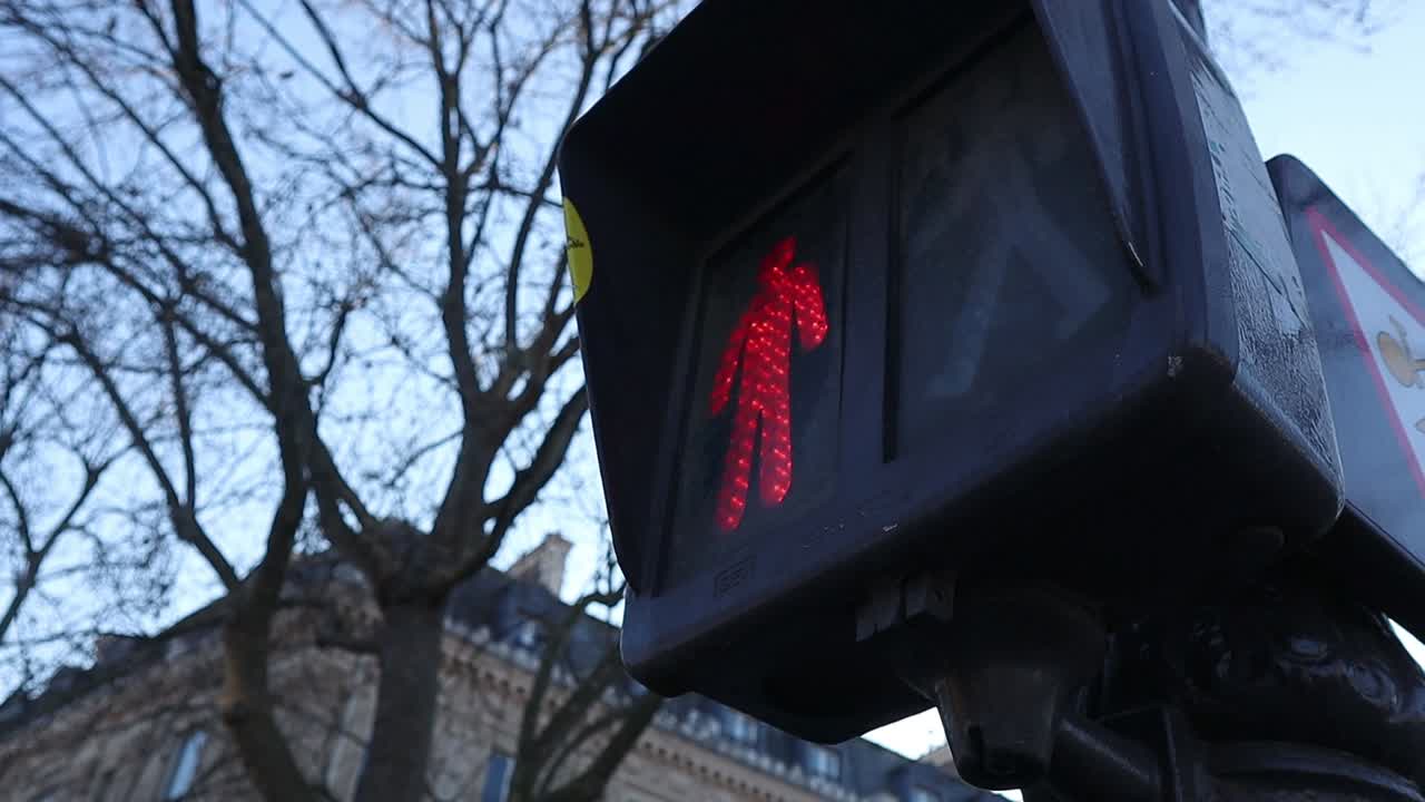 보행자 신호등이 초록색으로 변하고, 클로즈업  ⁇