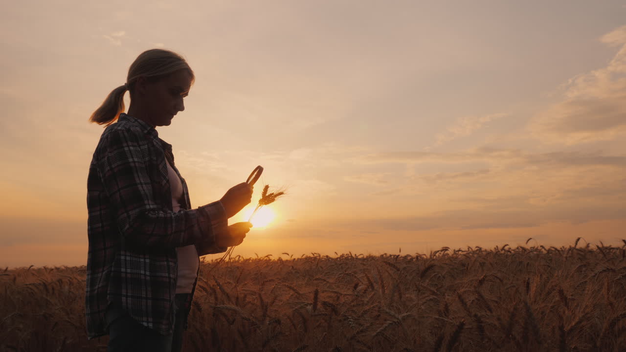 la silueta de una agricultora mira las espigas de trigo a través de un video de 4k de lupa